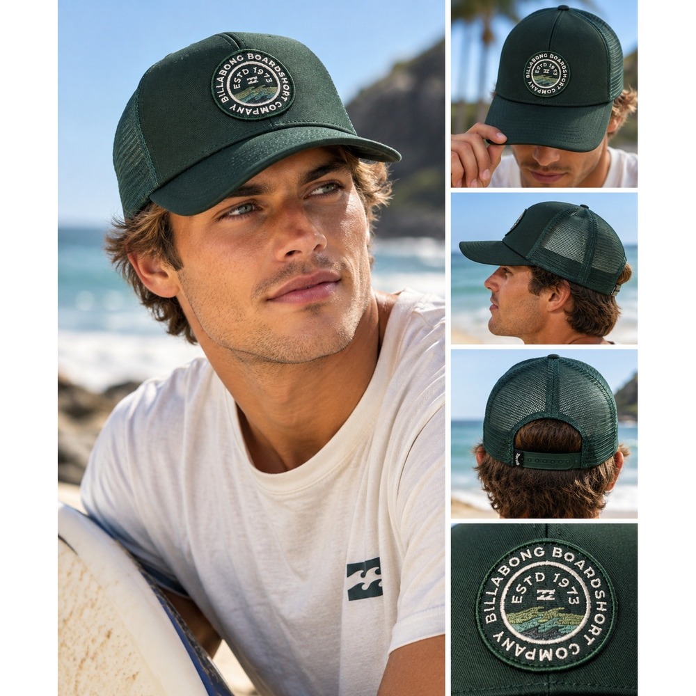 Billabong Boardshort Company Trucker Hat Forest Green Mesh Snapback Patch #1646